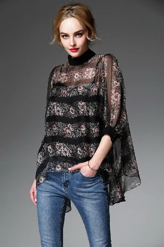 Ladies Printing Shirts Big Size Woman Chiffon Blouse Lace Shirts Female Loose Silk Clothes (have vest)-- Embroidered Appliqued Beaded Ladies Printing Shirts Big Size Woman Chiffon Blouse Lace Shirts Female Loose Silk Clothes (have vest)-- Embroidered Appliqued Beaded