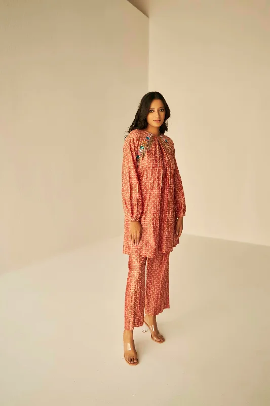 Rust -Raglan Sleeve Embroidered Shibori Shirt And Pants Set-- Thin T-Shirt Open Front Quick Dry Rust -Raglan Sleeve Embroidered Shibori Shirt And Pants Set-- Thin T-Shirt Open Front Quick Dry