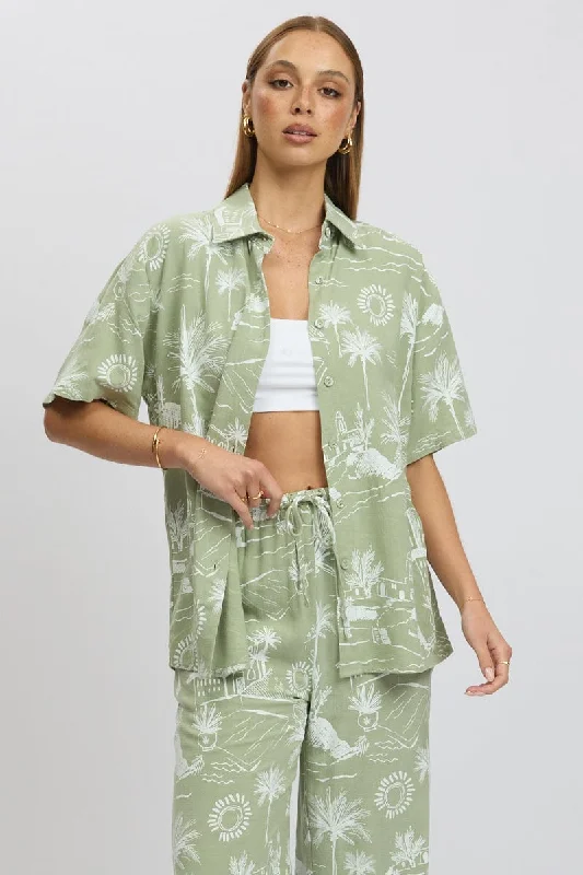 Green Abstract Relaxed Shirt Short Sleeve-- Polka Dot Checkered Tartan