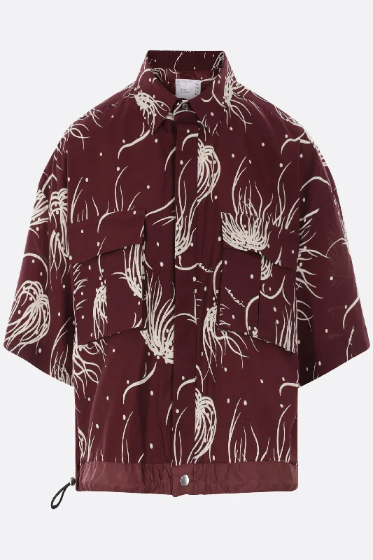floral print cotton-blend cropped shirt-- Hooded Caped Shawl Collar