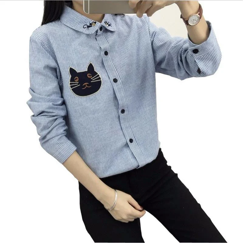 Women Shirt Embroidery Cat Good Long Sleeve Shirts Women Striped Shirts Cotton Blouse 8 Models M-XL-- Polka Dot Checkered Tartan