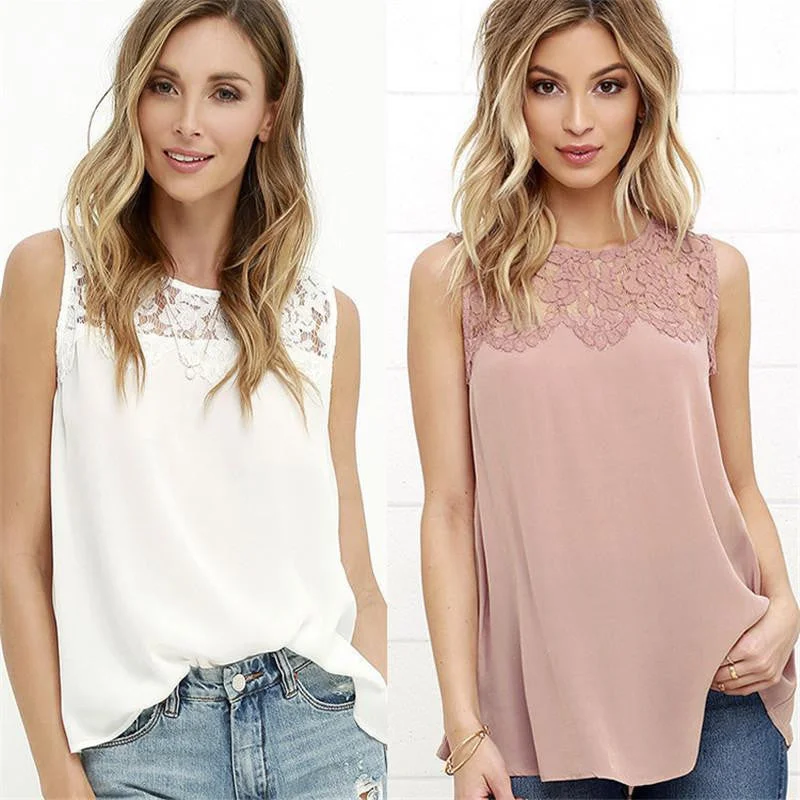 Women Lace Stitching Chiffon Shirts Casual Slim Sleeveless White Blouse Trending Ladies Tops-- Zippered Front Buttoned Front Snap Front Women Lace Stitching Chiffon Shirts Casual Slim Sleeveless White Blouse Trending Ladies Tops-- Zippered Front Buttoned Front Snap Front