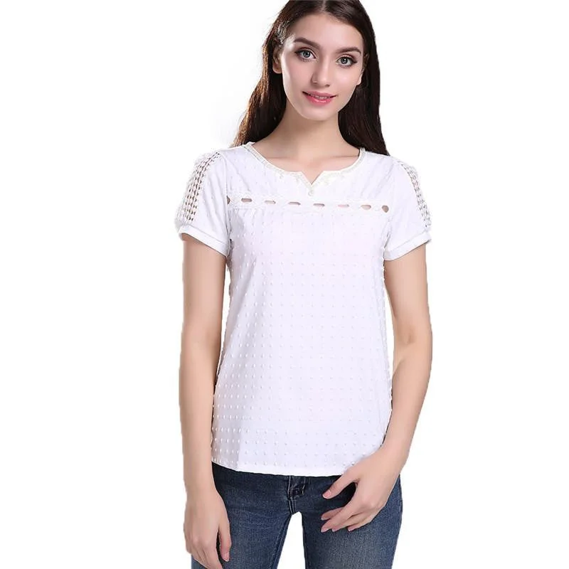 Women Fashion Short Blouse White Color Short Sleeve O-Neck Hollow Out Chiffon Lace Tops Casual Office Loose Shirt-- Fashionable Trendy Casual Women Fashion Short Blouse White Color Short Sleeve O-Neck Hollow Out Chiffon Lace Tops Casual Office Loose Shirt-- Fashionable Trendy Casual