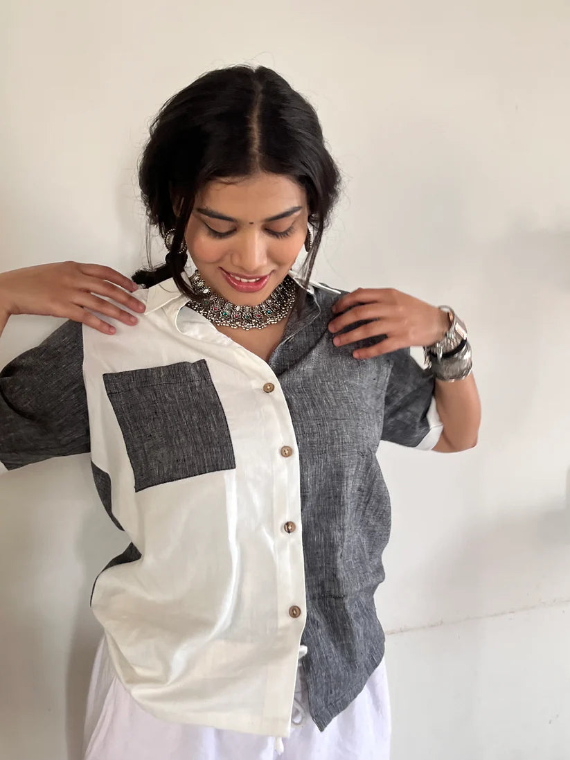 Aadya Moda Women's Kala Cotton Duo Tone Patchwork Pocket Shirt - Black & White-- Collared Crew Neck Turtle Neck