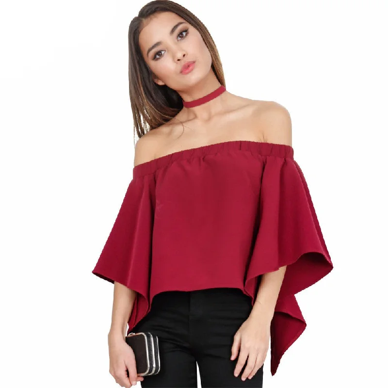 Fore Fair sexy off shoulder blouse shirt flare sleeve open back women blouses plus size ruffles slash neck tops-- Collared Crew Neck Turtle Neck Fore Fair sexy off shoulder blouse shirt flare sleeve open back women blouses plus size ruffles slash neck tops-- Collared Crew Neck Turtle Neck