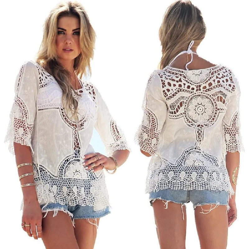 Women Blouses Lace Crochet Hollow Casual Beach Bikini Cover Up Blouses Shirt Tops-- Notch Collar Peter Pan Collar Cowl Neck Women Blouses Lace Crochet Hollow Casual Beach Bikini Cover Up Blouses Shirt Tops-- Notch Collar Peter Pan Collar Cowl Neck