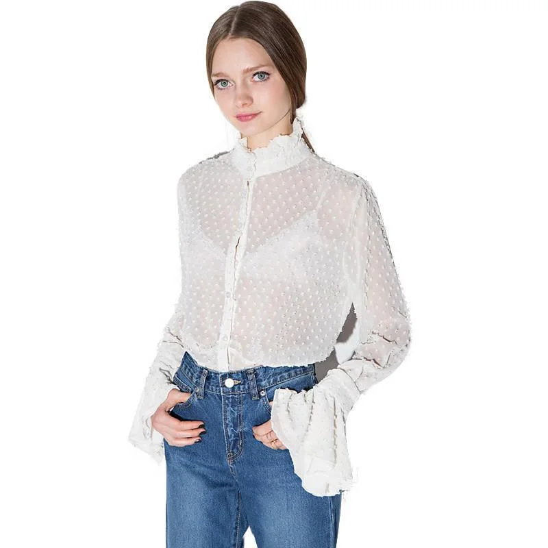 Womens Lace Hollow Out Sheer Flare Sleeve Buttons Blouses Shirts Casual Solid-- Anti-Shrink Durable Soft Womens Lace Hollow Out Sheer Flare Sleeve Buttons Blouses Shirts Casual Solid-- Anti-Shrink Durable Soft