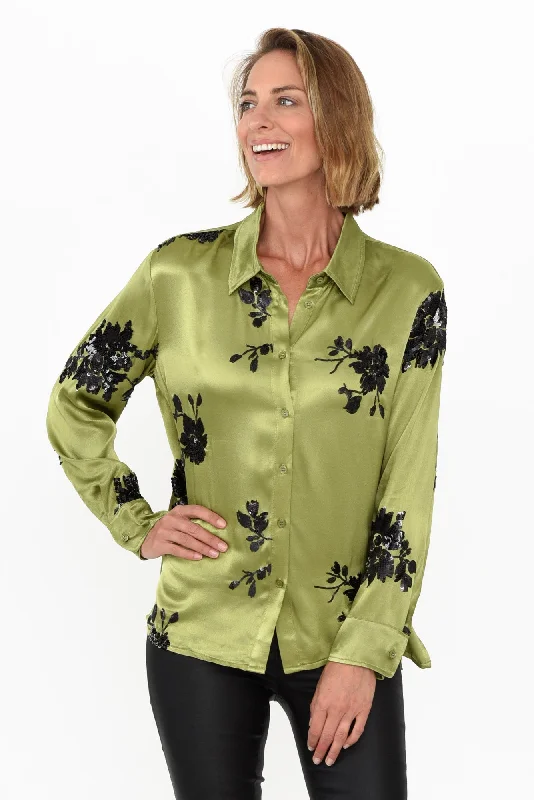Sabelle Khaki Flower Sequin Shirt-- Collared Crew Neck Turtle Neck