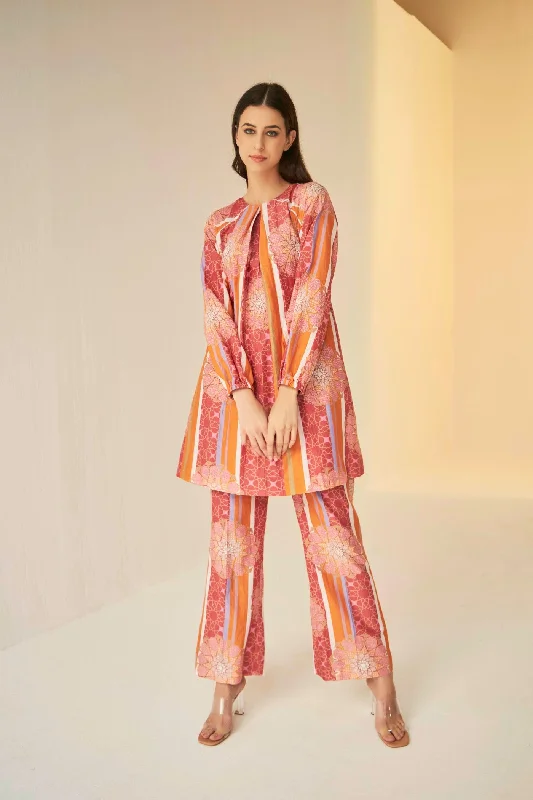 Rust- Raglan Sleeve Bukhara Print Shirt And Pants Set-- Hooded Caped Shawl Collar
