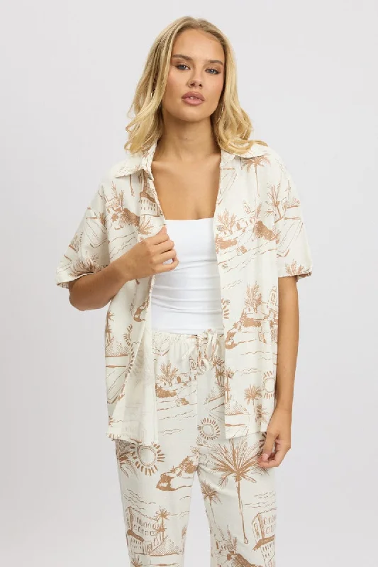 Brown Abstract Relaxed Shirt Short Sleeve-- Cozy Warm Stylish
