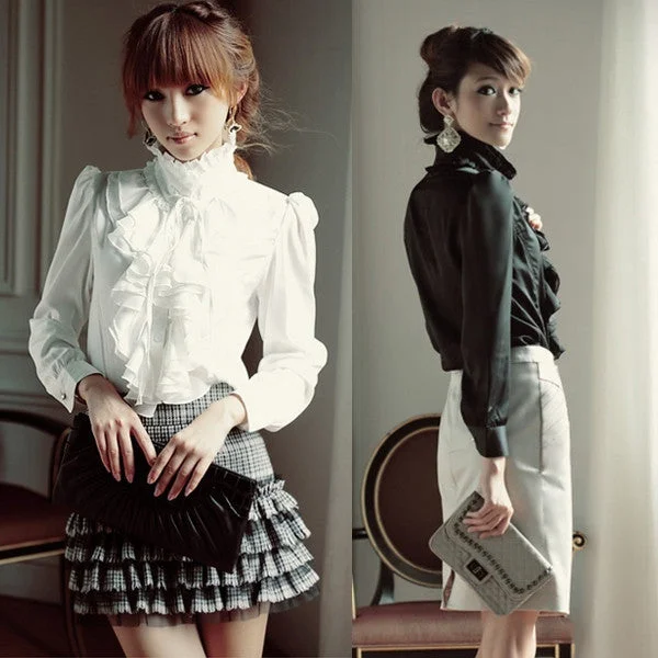 Ladies Women Long Sleeve Stand Collar Flounce Blouse Fashion Chiffon Shirts White Black-- Handmade Hand-knitted Hand-woven Ladies Women Long Sleeve Stand Collar Flounce Blouse Fashion Chiffon Shirts White Black-- Handmade Hand-knitted Hand-woven