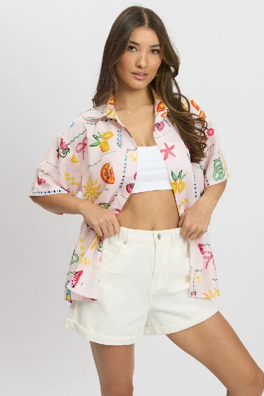 Pink Abstract Relaxed Shirt Short Sleeve-- Solid Print Embellished