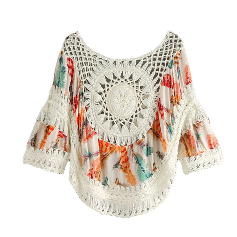 Dotfashion Crochet Insert Ladies Style Cute Tops Women Shirts Casual Half Sleeve Hollow Out Print Blouse-- Ribbed T-Shirt High Neck Heavyweight Dotfashion Crochet Insert Ladies Style Cute Tops Women Shirts Casual Half Sleeve Hollow Out Print Blouse-- Ribbed T-Shirt High Neck Heavyweight