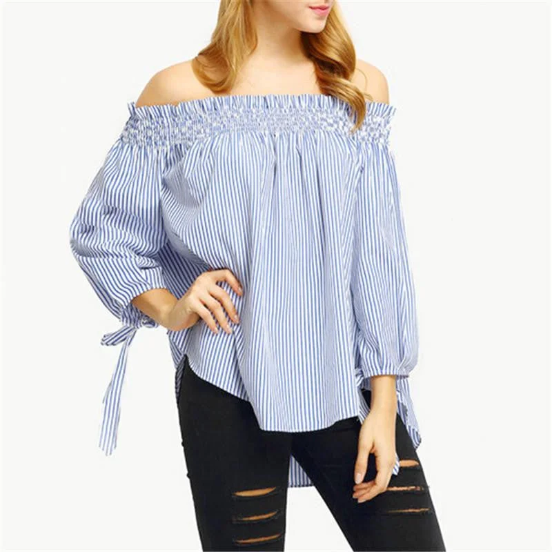 Women Off Shoulder Slash Neck Striped Casual Slim Bow Blouse Tops Plus Size Party Shirts -- Basic T-Shirt Crew Neck Short Sleeve