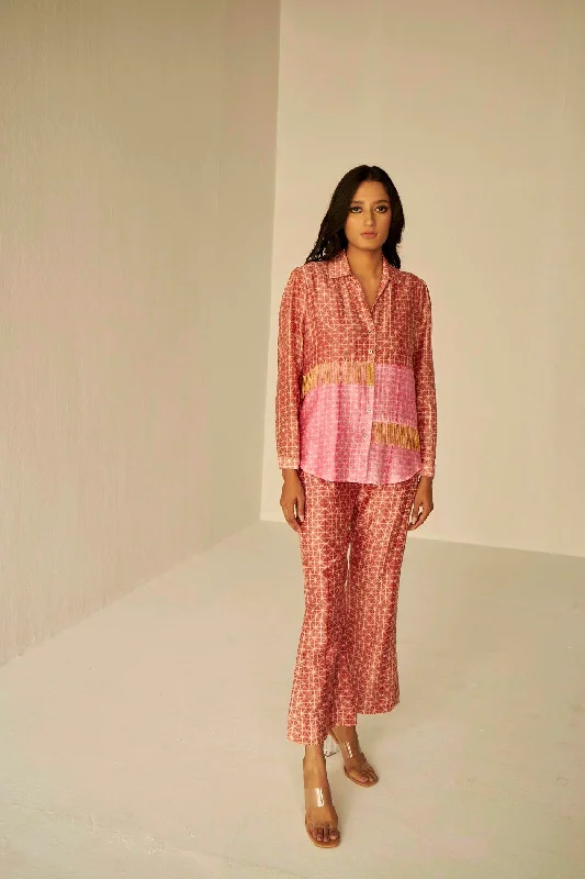Rust & Pink Bliss Shibori Shirt And Pants Set-- V-Neck T-Shirt Long Sleeve Cotton