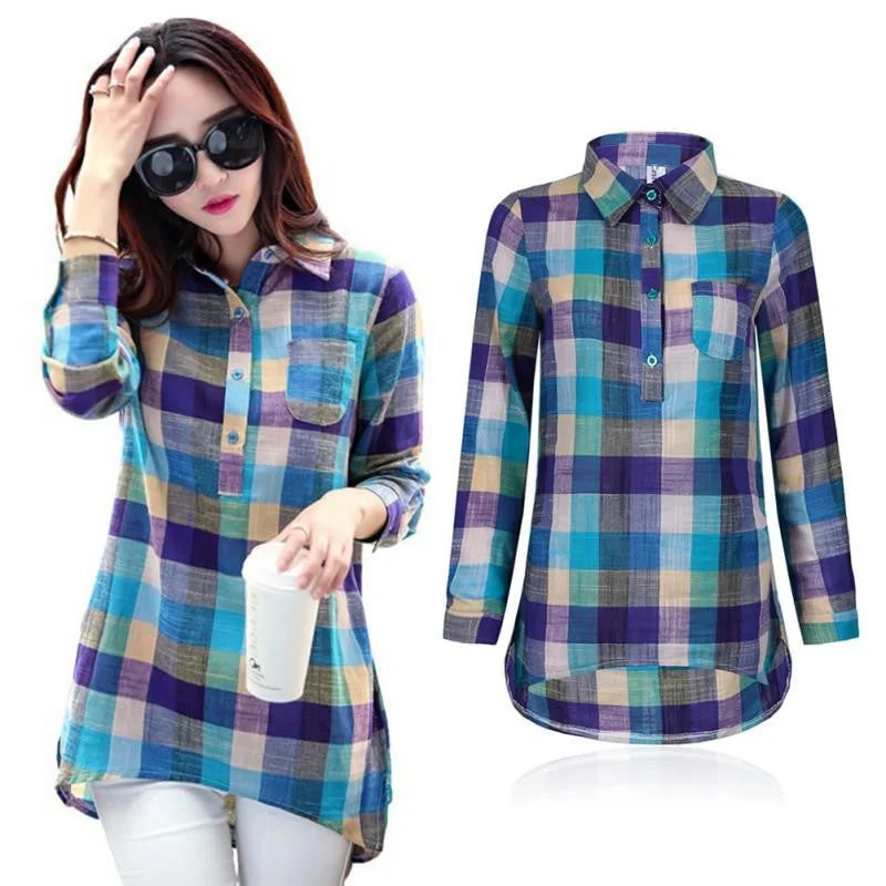 women plaid shirt fashion Collar long sleeve casual shirt women Top ing-- Silk Blend Satin Velvet women plaid shirt fashion Collar long sleeve casual shirt women Top ing-- Silk Blend Satin Velvet