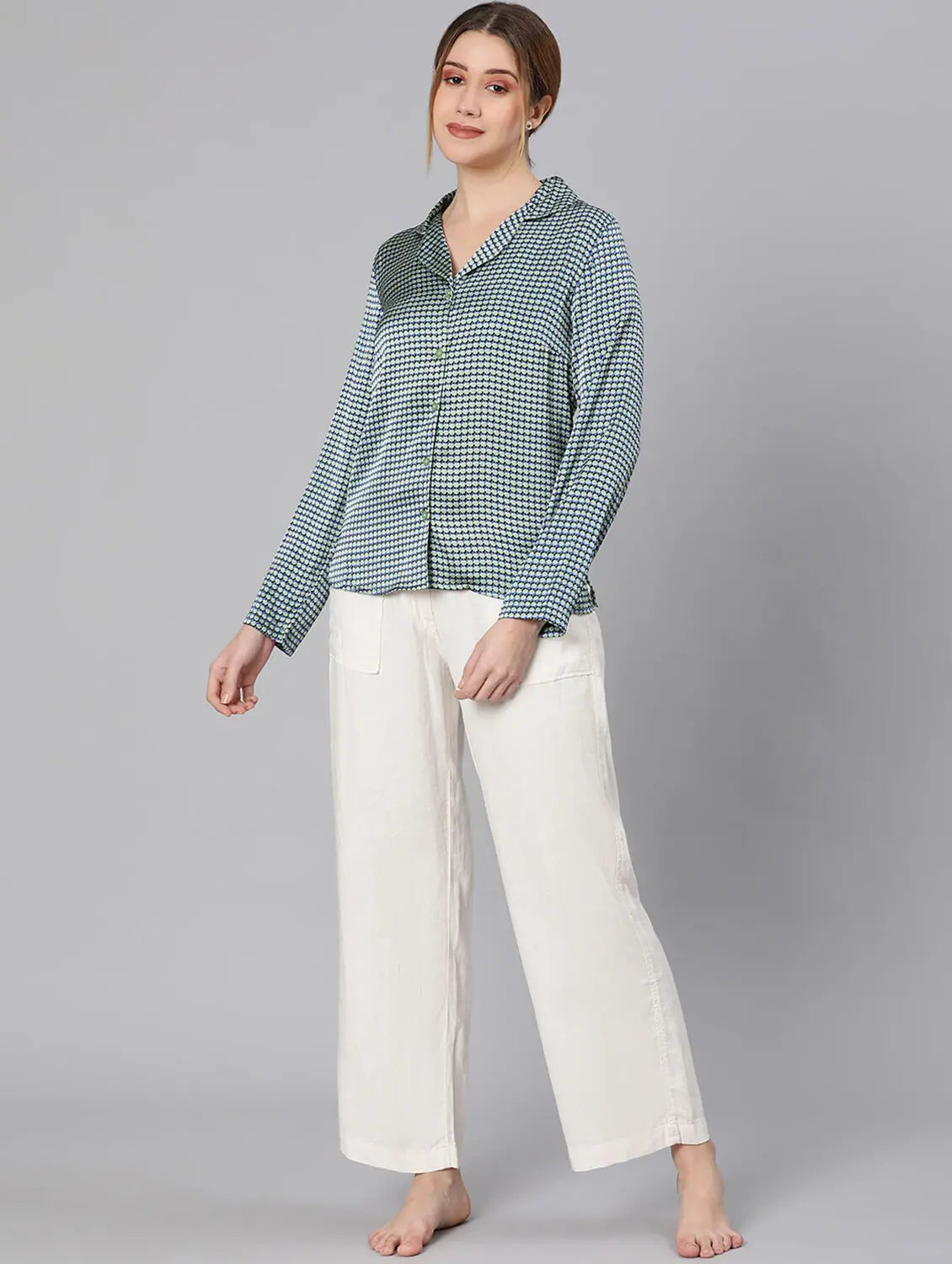 Catnap Green Meled Comfy Women Nightwear Shirt-- Plaid T-Shirt Polka Dot Checkered