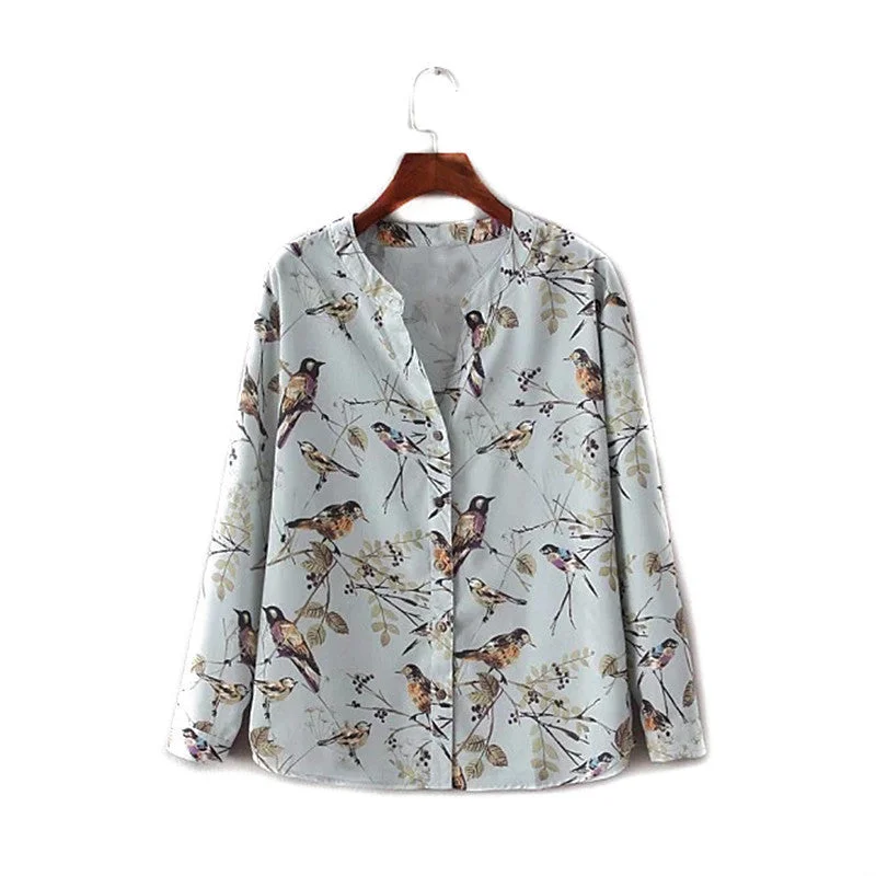 V-neck blue vintage floral birds print women blouse shirt long sleeve-- Notch Collar Peter Pan Collar Cowl Neck V-neck blue vintage floral birds print women blouse shirt long sleeve-- Notch Collar Peter Pan Collar Cowl Neck