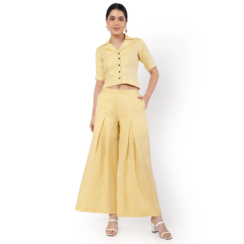Hemp Yellow Pallazo And Shirt Co-Ord Set-- Collared Crew Neck Turtle Neck