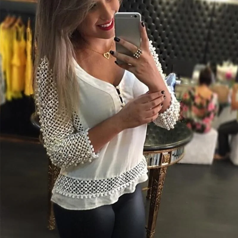 Lace Chiffon Blouse Women V-neck 3/4 Sleeve Hollow Out White Shirts Casual Loose Tops Plus Size S-3XL-- Graphic T-Shirt Round Neck Polyester Lace Chiffon Blouse Women V-neck 3/4 Sleeve Hollow Out White Shirts Casual Loose Tops Plus Size S-3XL-- Graphic T-Shirt Round Neck Polyester