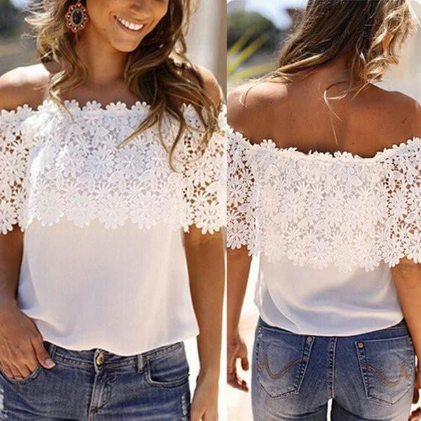 Women Lace Crochet Off Shoulder Chiffon Shirt Casual Tops Blouse-- Ribbed Striped Patterned Women Lace Crochet Off Shoulder Chiffon Shirt Casual Tops Blouse-- Ribbed Striped Patterned