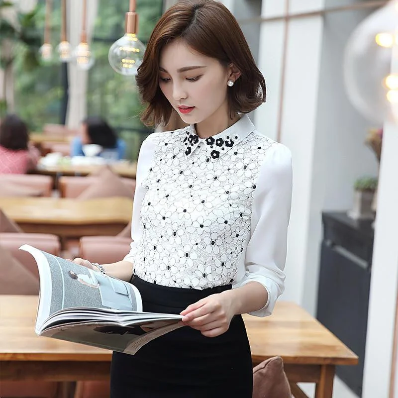 Style Women Chiffon Blouse White Slim Top for Office Lady Floral Long Sleeved Lace Shirt-- Zippered Front Buttoned Front Snap Front Style Women Chiffon Blouse White Slim Top for Office Lady Floral Long Sleeved Lace Shirt-- Zippered Front Buttoned Front Snap Front