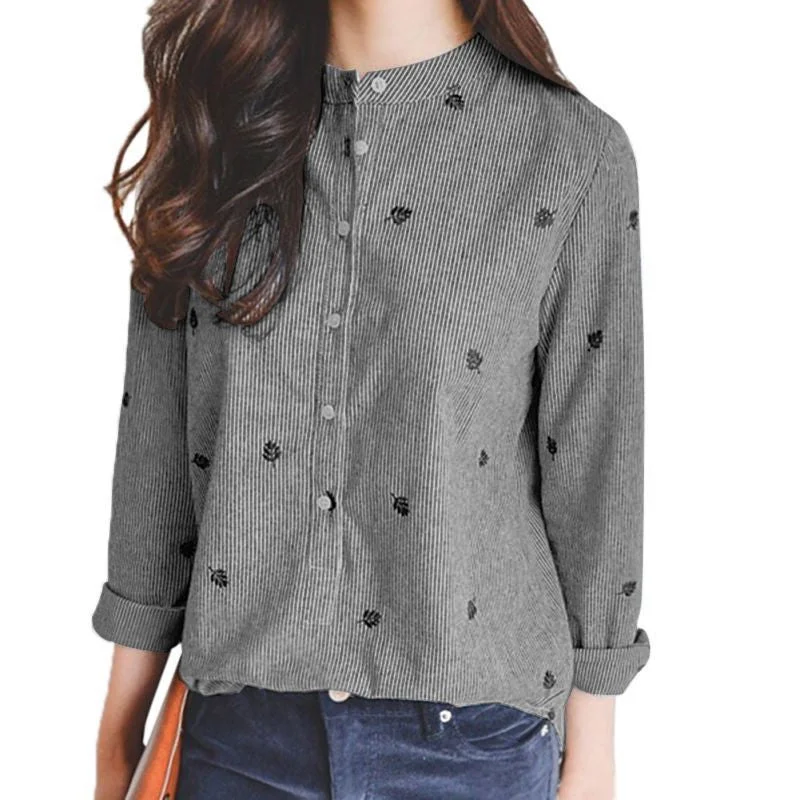 Leaves Embroidery Long Sleeve Women Blouses Shirts Ladies Casual Tops Striped Plus Size-- Embroidered Appliqued Beaded Leaves Embroidery Long Sleeve Women Blouses Shirts Ladies Casual Tops Striped Plus Size-- Embroidered Appliqued Beaded