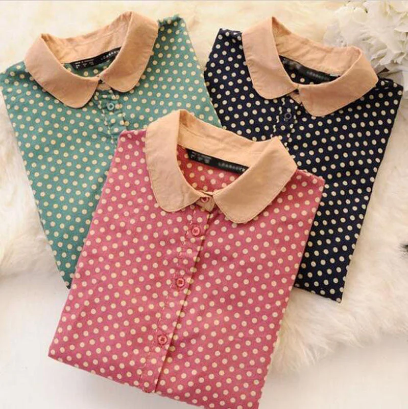 Ladies Blouses & Shirts Women Blouse Shirt Cotton Clothing Body Polka Dot Female Shirts Vintage casual-- Spandex Blend Rayon Blend Denim Blend