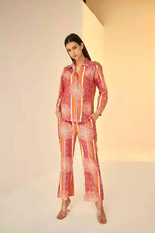 Rust- Bliss Bukhara Print Shirt And Pant Set-- Striped Floral Plaid