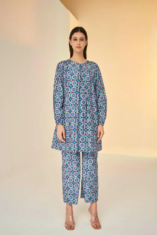 Lilac- Raglan Sleeve Kokand Print Shirt And Pants Set-- Print Jacquard Patchwork