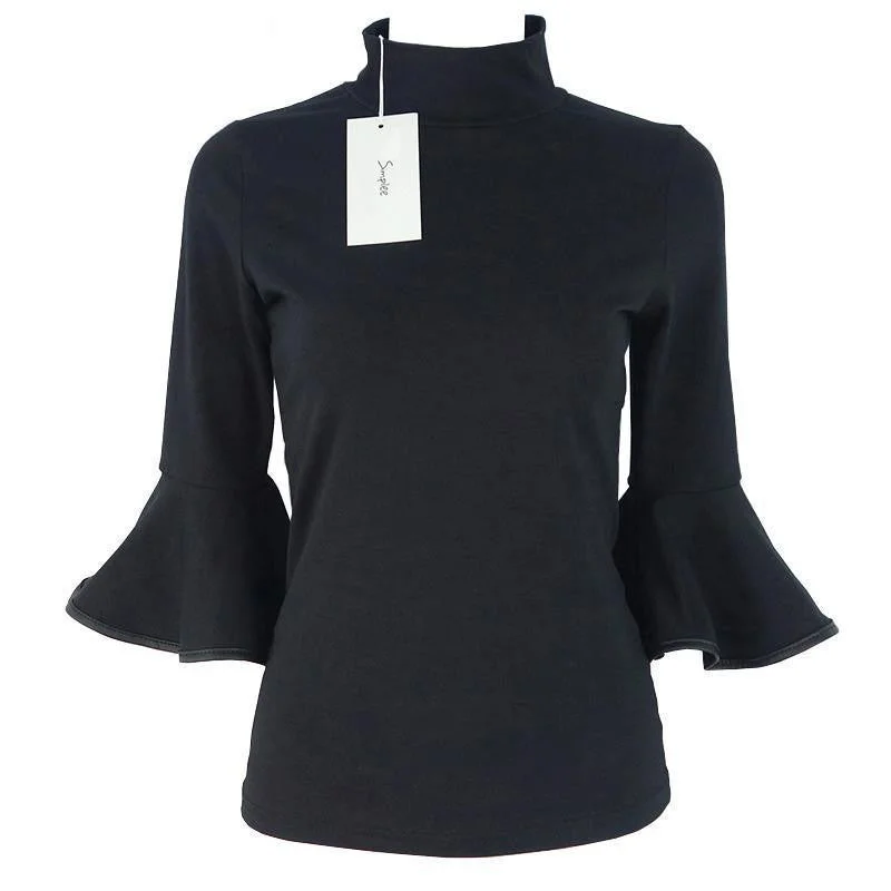 Simplee Flare sleeve black girls blouse shirt Women tops cotton chic turtleneck OL cool turtleneck blouses-- Zippered Front Buttoned Front Snap Front Simplee Flare sleeve black girls blouse shirt Women tops cotton chic turtleneck OL cool turtleneck blouses-- Zippered Front Buttoned Front Snap Front