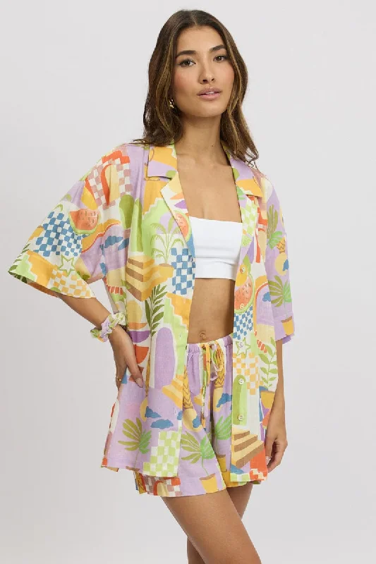 Multi Abstract Relaxed Shirt Short Sleeve Linen Blend-- Jersey Fabric Tulle Fabric Batik Fabric Multi Abstract Relaxed Shirt Short Sleeve Linen Blend-- Jersey Fabric Tulle Fabric Batik Fabric