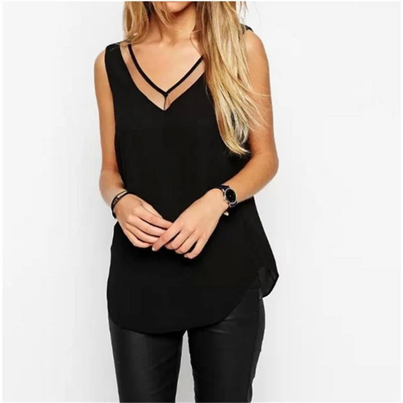 Women Chiffon Mesh Patchwork V-Neck Tops Casual Loose Sleeveless Shirts Blouse-- Mesh Fabric Canvas Fabric Denim Fabric Women Chiffon Mesh Patchwork V-Neck Tops Casual Loose Sleeveless Shirts Blouse-- Mesh Fabric Canvas Fabric Denim Fabric