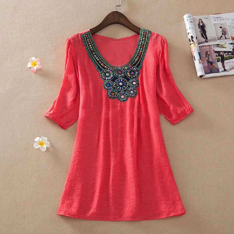 Fashion transparent Clothing Women V-Neck Beading long Linen Shirts Loose Tops And Women Blouses L-XXXL 6017-- Hooded Caped Shawl Collar