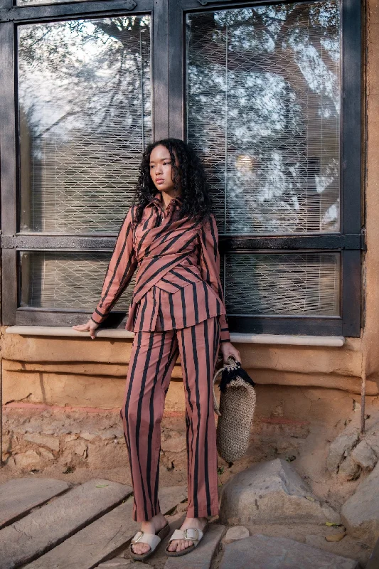 The Terra Tribe Copper Stripes Seattle Wrap Shirt-- Hooded Caped Shawl Collar