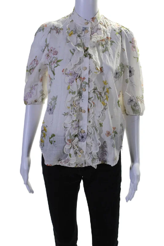 Zimmermann Womens Floral Print Button Down Ruffled Shirt White Cotton-- Asymmetrical Pockets Print Zimmermann Womens Floral Print Button Down Ruffled Shirt White Cotton-- Asymmetrical Pockets Print