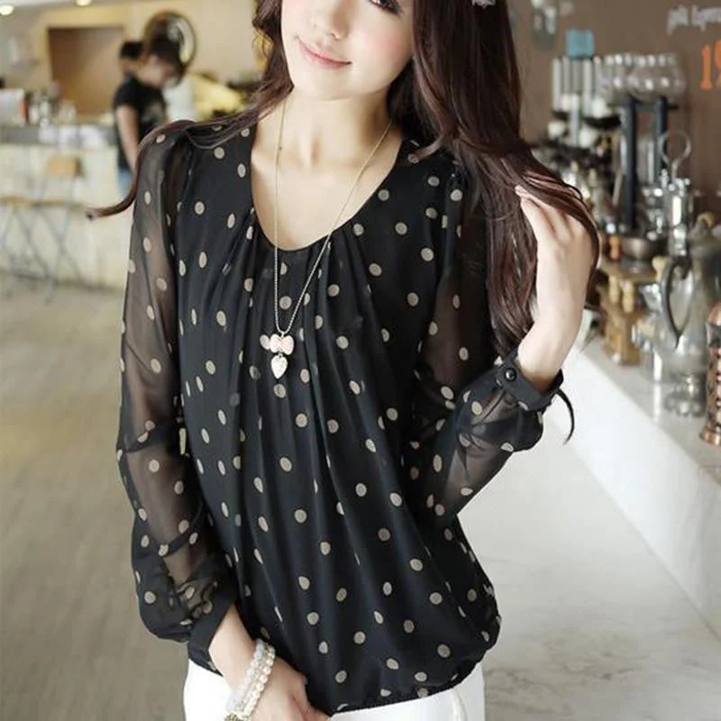 cute Women white Polka Dot Print black Blouses Puff Long Sleeve O-neck Chiffon Shirt Plus Size XXXL CB59-- Spandex Blend Rayon Blend Denim Blend cute Women white Polka Dot Print black Blouses Puff Long Sleeve O-neck Chiffon Shirt Plus Size XXXL CB59-- Spandex Blend Rayon Blend Denim Blend