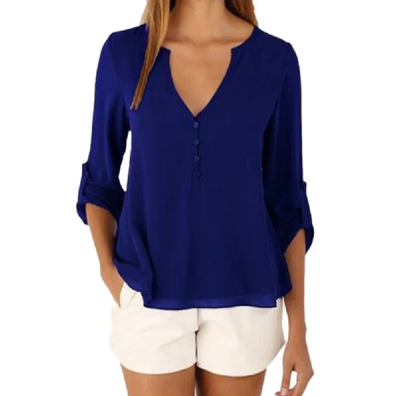 Women Blouse Fashion Casual Deep V Neck Button Slim Waist Long Sleeves Chiffon Shirt-- Solid Color Striped Floral Women Blouse Fashion Casual Deep V Neck Button Slim Waist Long Sleeves Chiffon Shirt-- Solid Color Striped Floral