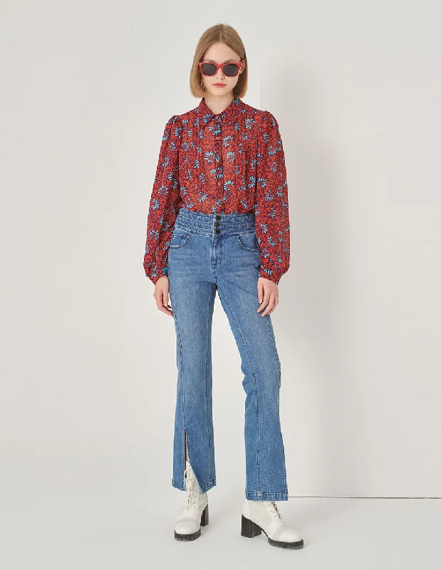 MARYLING Floral Puff-Sleeve Georgette Print Shirt-- Anti-Pilling Machine Wash Handmade MARYLING Floral Puff-Sleeve Georgette Print Shirt-- Anti-Pilling Machine Wash Handmade