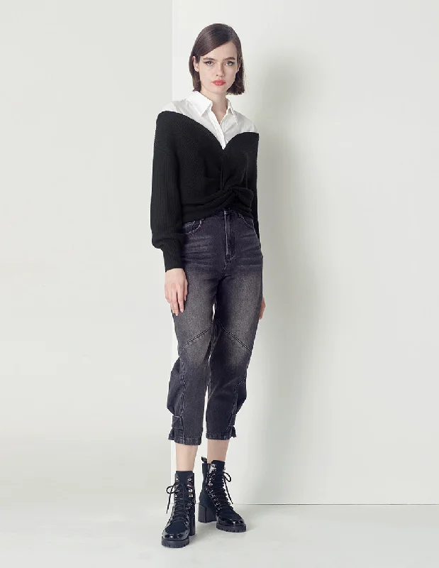 MARYLING Classic black and white simple shirt-- Mesh Canvas Denim