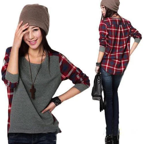 Womens Long Sleeve Round Neck Plaid Checked Casual Loose shirt Blouse Tops-- Graphic T-Shirt Round Neck Polyester Womens Long Sleeve Round Neck Plaid Checked Casual Loose shirt Blouse Tops-- Graphic T-Shirt Round Neck Polyester