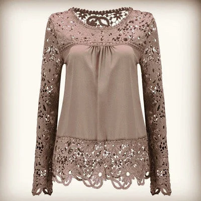 Plus Size 7XL Shirt Chiffon Blouse Hollow Lace Splice Women Tops Long Sleeve Shirt Women Casual Women Tops-- Fashionable Trendy Casual Plus Size 7XL Shirt Chiffon Blouse Hollow Lace Splice Women Tops Long Sleeve Shirt Women Casual Women Tops-- Fashionable Trendy Casual