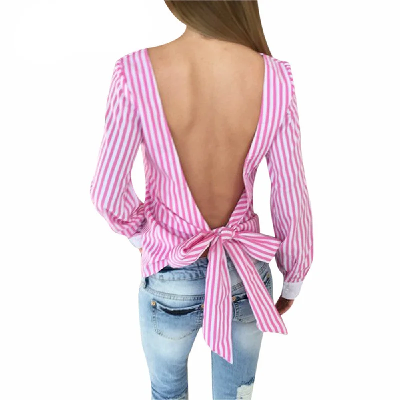 Plus Size Women Bowknot Backless Striped Blouses Shirts Full Sleeve Hollow Out Women Bandage Female Tops-- Layered Multi-layer Single Layer Plus Size Women Bowknot Backless Striped Blouses Shirts Full Sleeve Hollow Out Women Bandage Female Tops-- Layered Multi-layer Single Layer