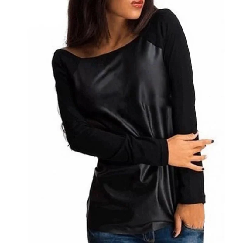 Women Personality Shirts Long Sleeve PU Leather Patchwork Blouses Fashion Casual Loose Tops Plus Size S-XL-- Hooded Caped Shawl Collar Women Personality Shirts Long Sleeve PU Leather Patchwork Blouses Fashion Casual Loose Tops Plus Size S-XL-- Hooded Caped Shawl Collar