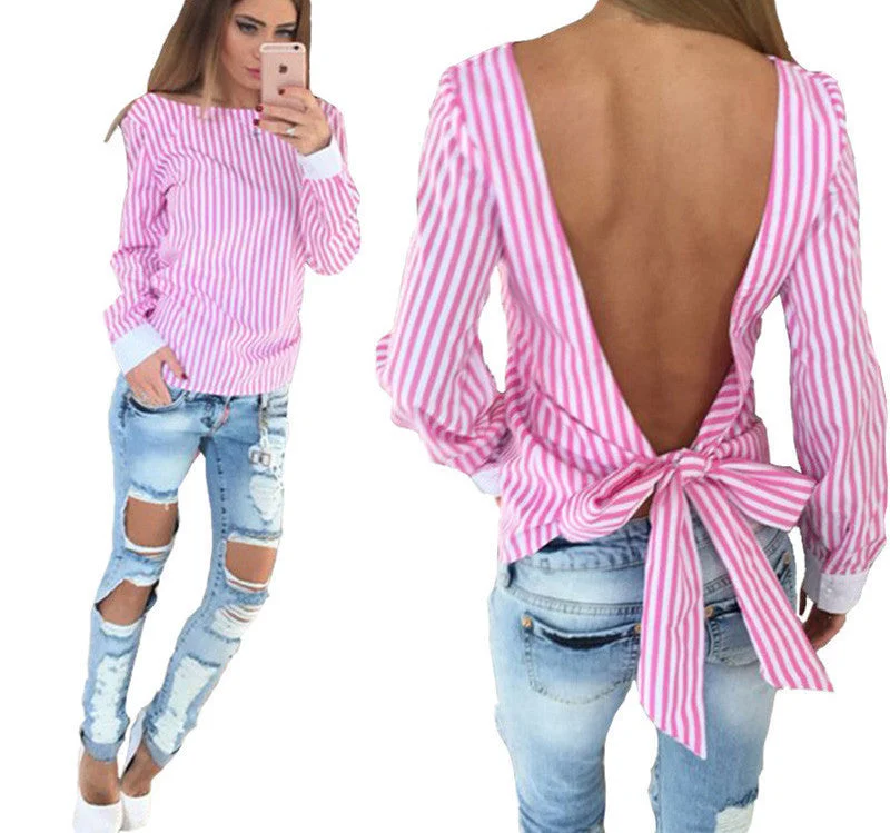 Blue striped long sleeve women blouses Pink backless with Bow ladies sexy shirts-- Mesh Canvas Denim Blue striped long sleeve women blouses Pink backless with Bow ladies sexy shirts-- Mesh Canvas Denim