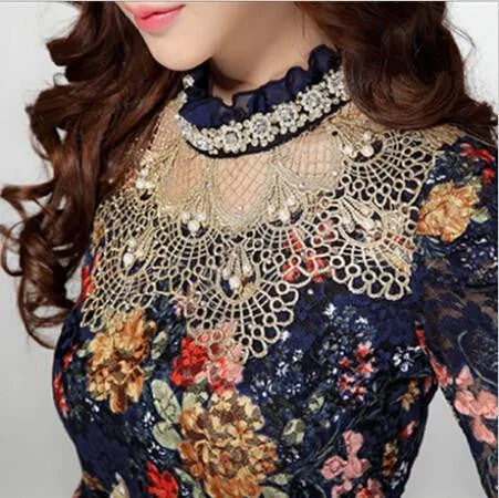Women Fashion Lace Floral Patchwork Sweet Diamond beaded Stand Long Sleeve Slim Lace Shirt Blouse Casual Tops-- Iron Safe Non-Iron Wrinkle Free Women Fashion Lace Floral Patchwork Sweet Diamond beaded Stand Long Sleeve Slim Lace Shirt Blouse Casual Tops-- Iron Safe Non-Iron Wrinkle Free