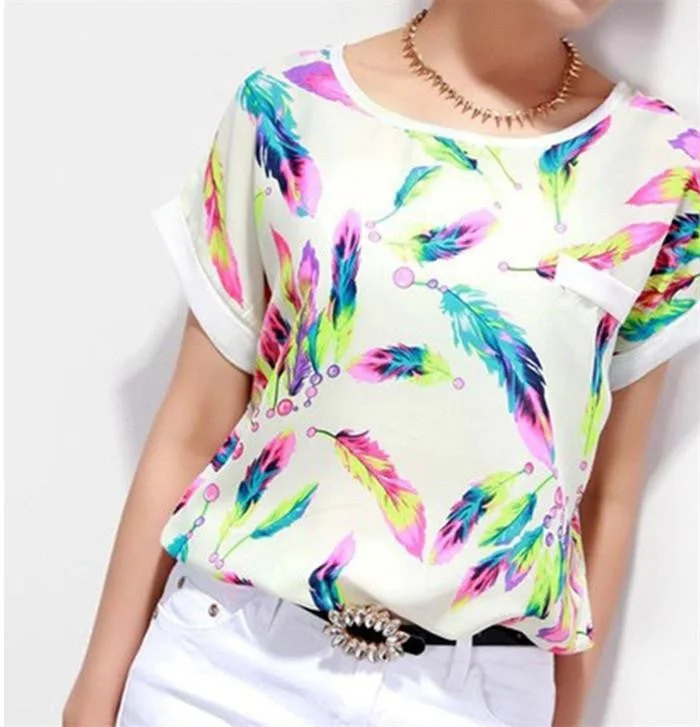 Women Chiffon Blouses Tops Ladies Loose Short Sleeve Feather Printed Blouse & Shirts Plus Size-- Zippered Front Buttoned Front Snap Front Women Chiffon Blouses Tops Ladies Loose Short Sleeve Feather Printed Blouse & Shirts Plus Size-- Zippered Front Buttoned Front Snap Front