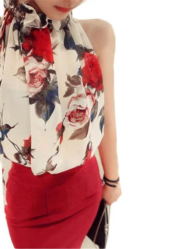 Women Shirts Flowers Print Halter Sleeveless Ruffled Neck Blouse Women Elegant Tops-- Iron Safe Non-Iron Wrinkle Free Women Shirts Flowers Print Halter Sleeveless Ruffled Neck Blouse Women Elegant Tops-- Iron Safe Non-Iron Wrinkle Free