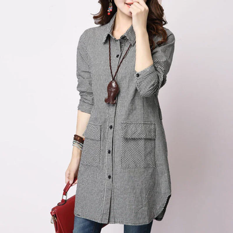 large size female literary plaid long-sleeved shirt and long shirt wide Shirts Women Casual Cotton Linen Shirt Tops-- Welt Pockets Slit Pockets Flap Pockets large size female literary plaid long-sleeved shirt and long shirt wide Shirts Women Casual Cotton Linen Shirt Tops-- Welt Pockets Slit Pockets Flap Pockets