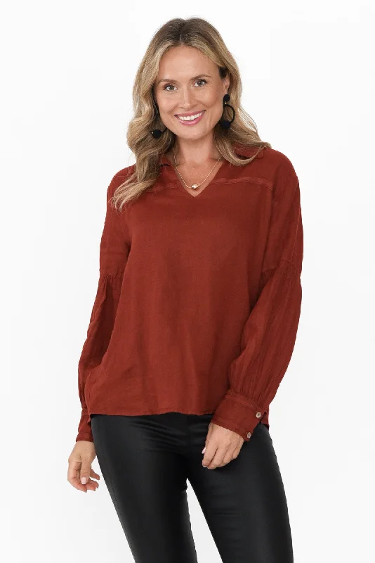 Milicent Maroon Linen Collared Shirt-- Collared T-Shirt Boat Neck A-Line
